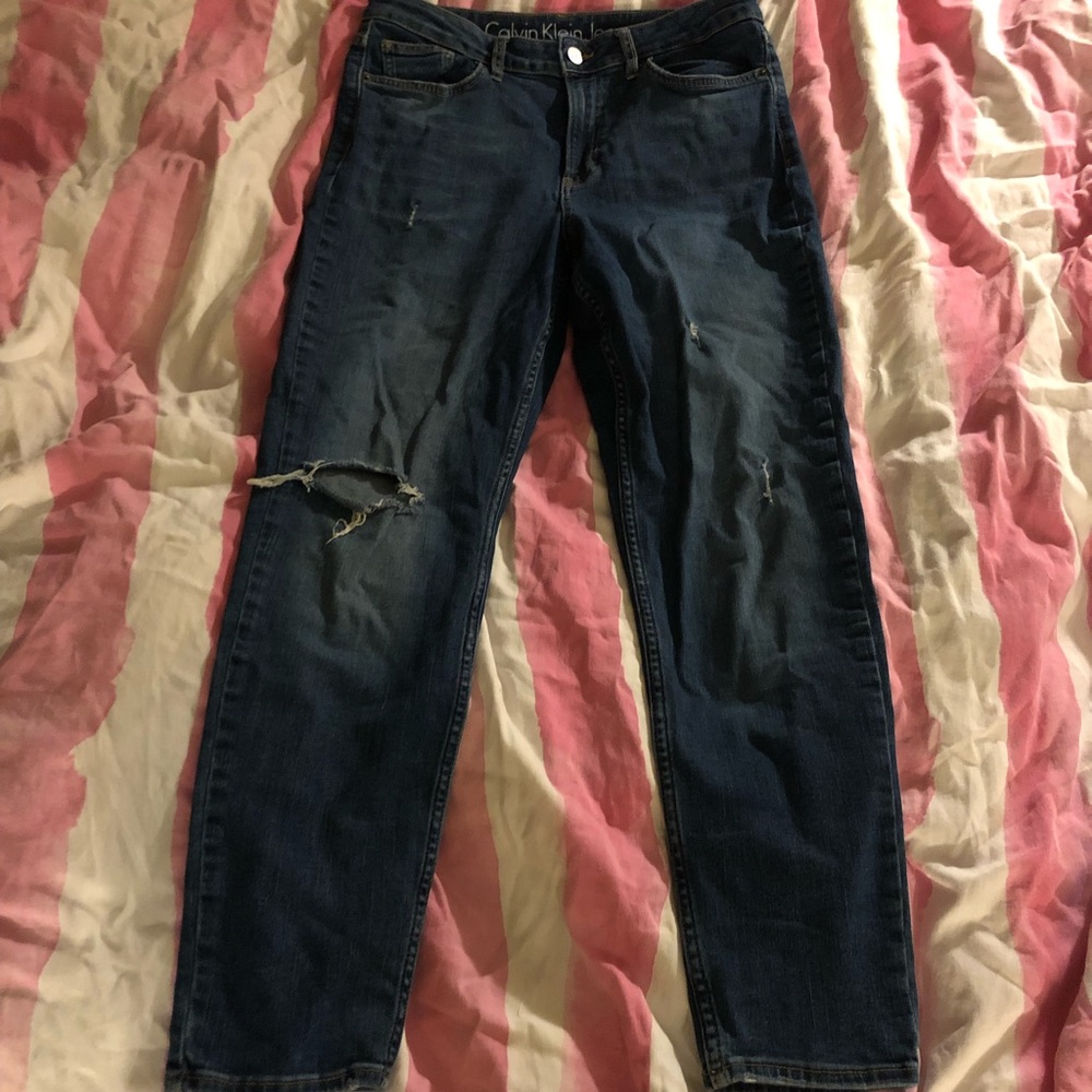 Calvin Klein blue high rise ankle skinny ripped denim